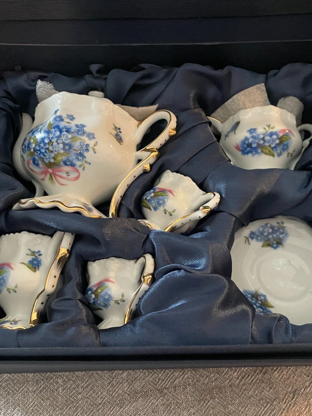 8 Pc Mini Ceramic Floral Tea Set Blue Decorative W/Box Victorian!